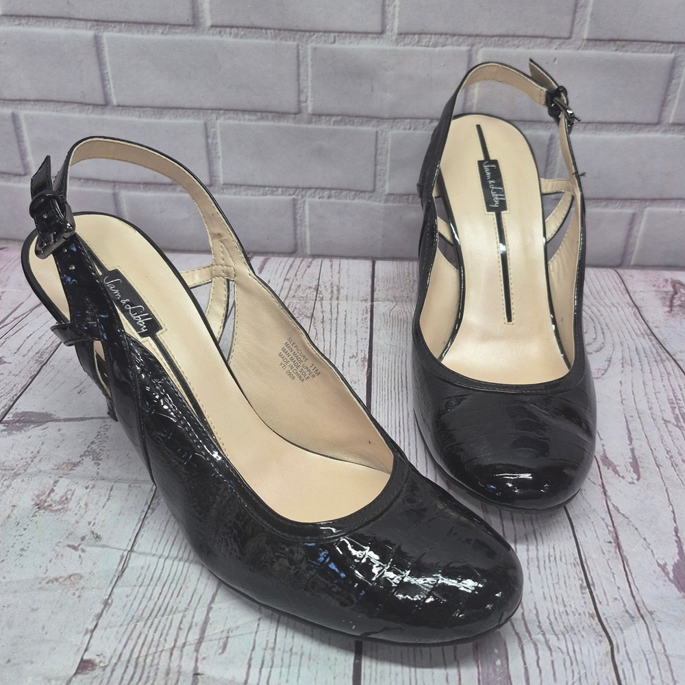 Sam & Libby Black Patent Croc Slingback Pumps Round Toe Heels SLEPICURE 11M